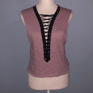 Forever 21 sleeveless hole distressed lace up tank top